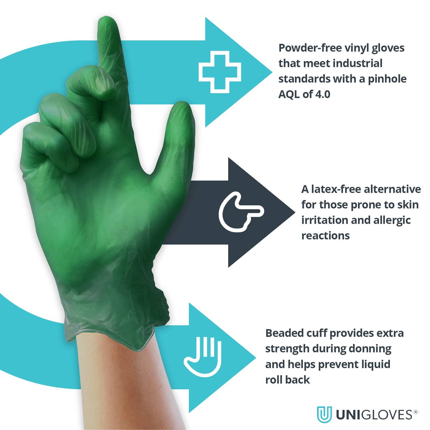 Unicare Green Vinyl prófunarhanskabox með 100 stk