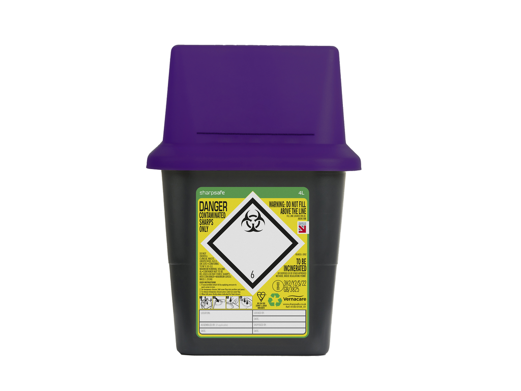 4 Litre Sharpsafe Grey Sharps Bin Purple Lid - UKMEDI