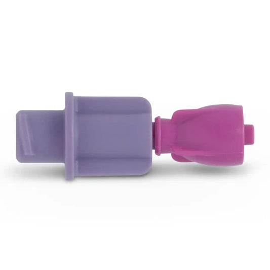 Neutral needle-free connector with purple and pink design for IV access safety