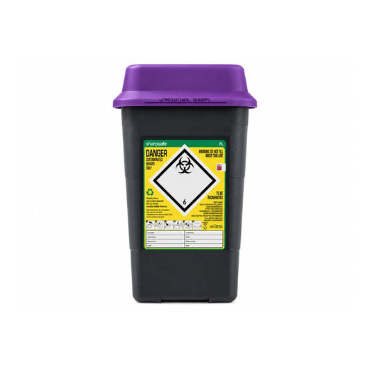 7 L Sharpsafe endurunninn gámur fyrir beittan úrgang með fjólubláu loki