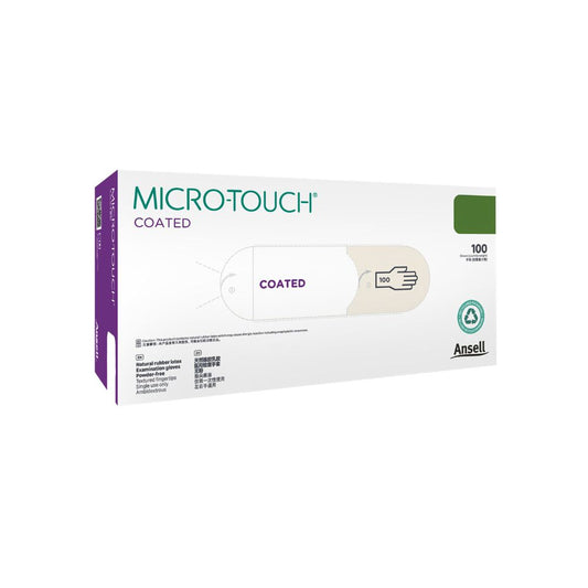 Hvítir Ansell Micro-Touch húðaðir latexrannsóknarhanskar, 100 stk. í kassa