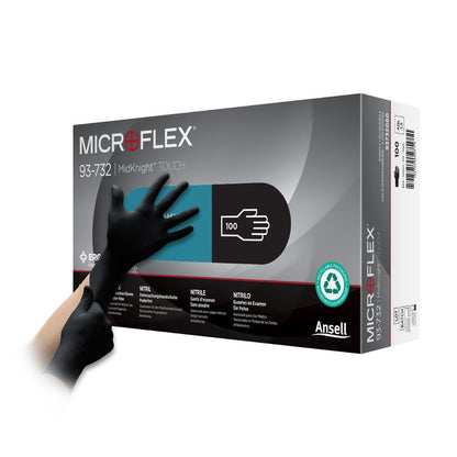 Svartir Ansell Microflex MidKnight Touch nítrílhanskar til skoðunar, 100 stk. í kassa