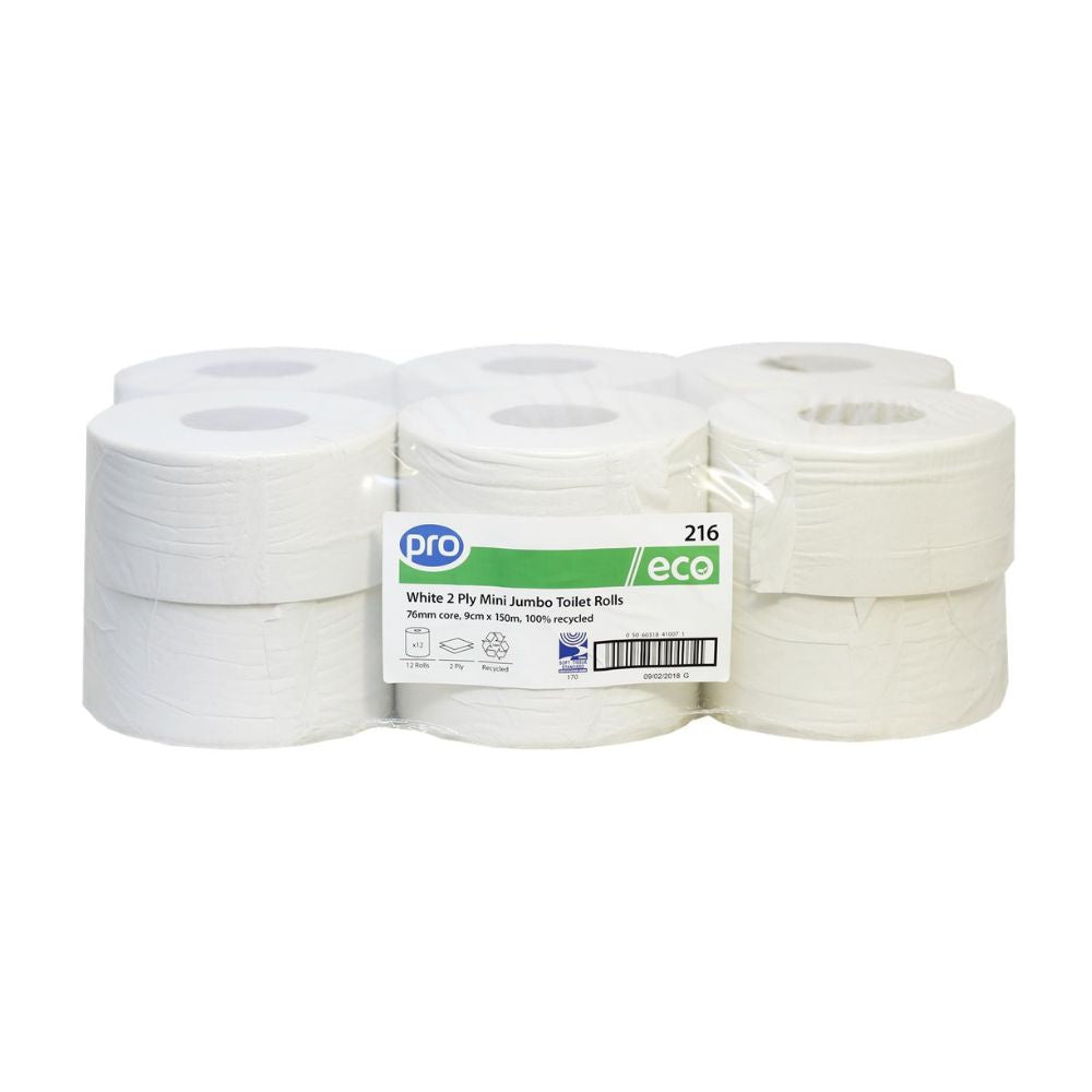 PRO Mini Jumbo Toilet Rolls 150m 76mm Core Pack of 12