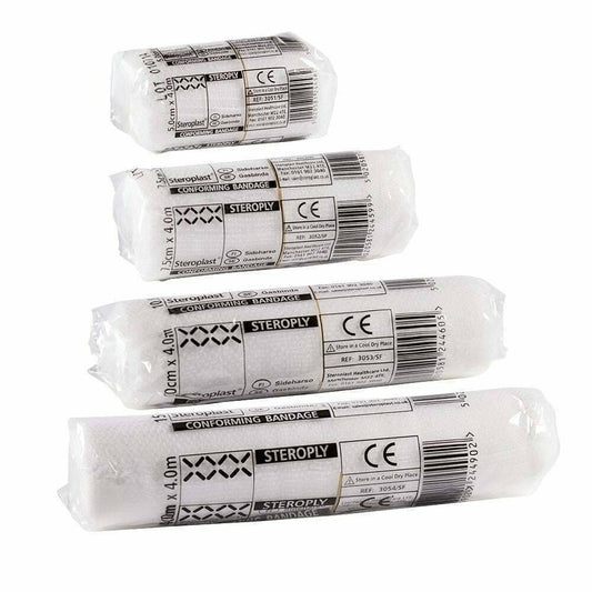 A collection of Steroplast conforming bandages in various sizes, wrapped in plastic packaging with labeling.