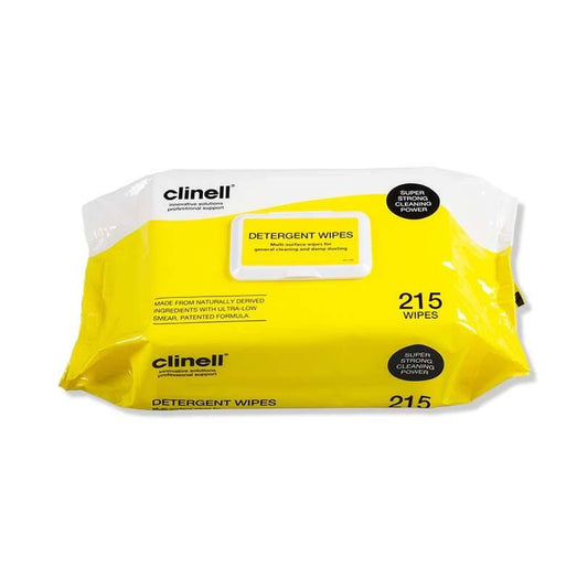 Clinell Detergent Wipes in a yellow plastic packet with black and white text indicating the product name and quantity (215 wipes).