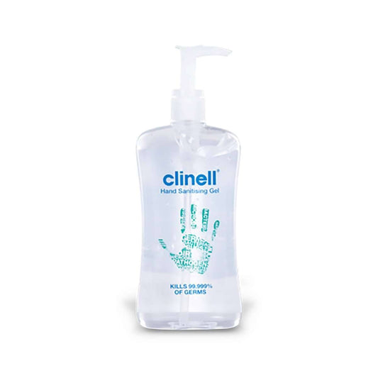 A clear plastic bottle with a pump dispenser containing Clinell Hand Sanitising Gel, labelled with the product name and the alcohol percentage.