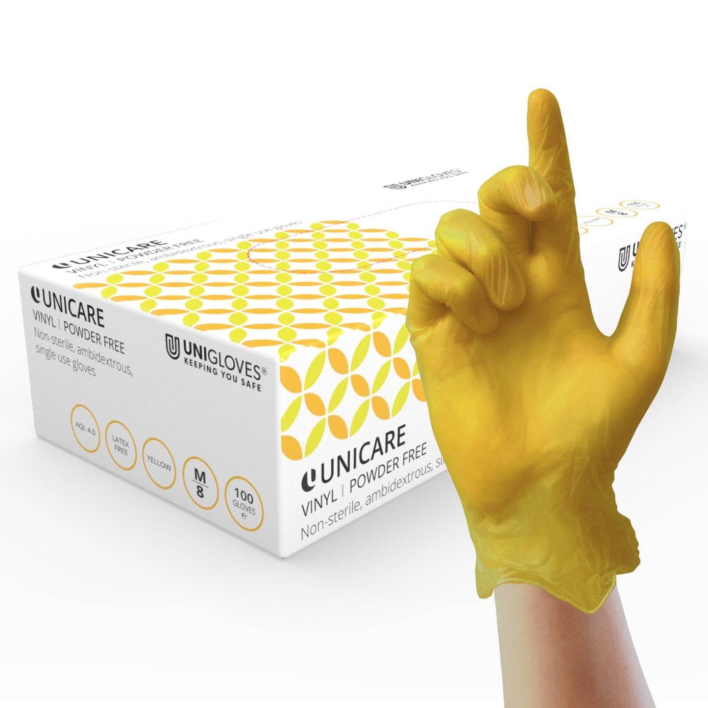 Unicare Yellow vinyl examination gloves Box of 100
