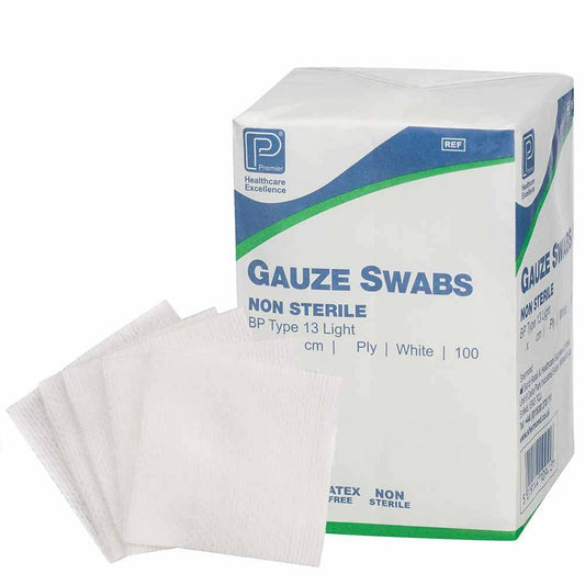 7.5 x 7.5 cm Non Sterile 12 Ply Gauze Swabs White Pack of 100