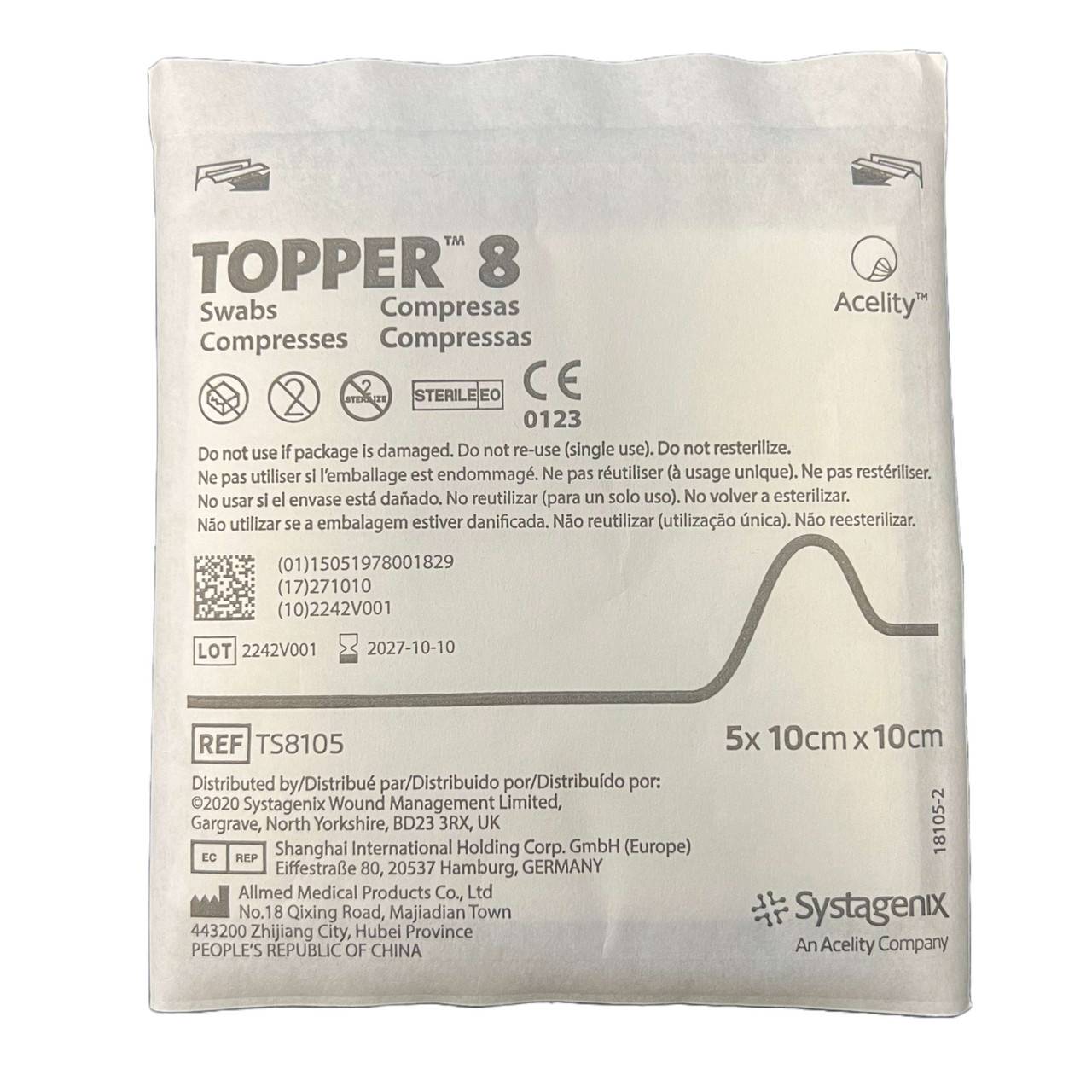 10cm x 10cm Topper 8 Dauðhreinsaðar grisjuþurrkur stakur pakki með 5